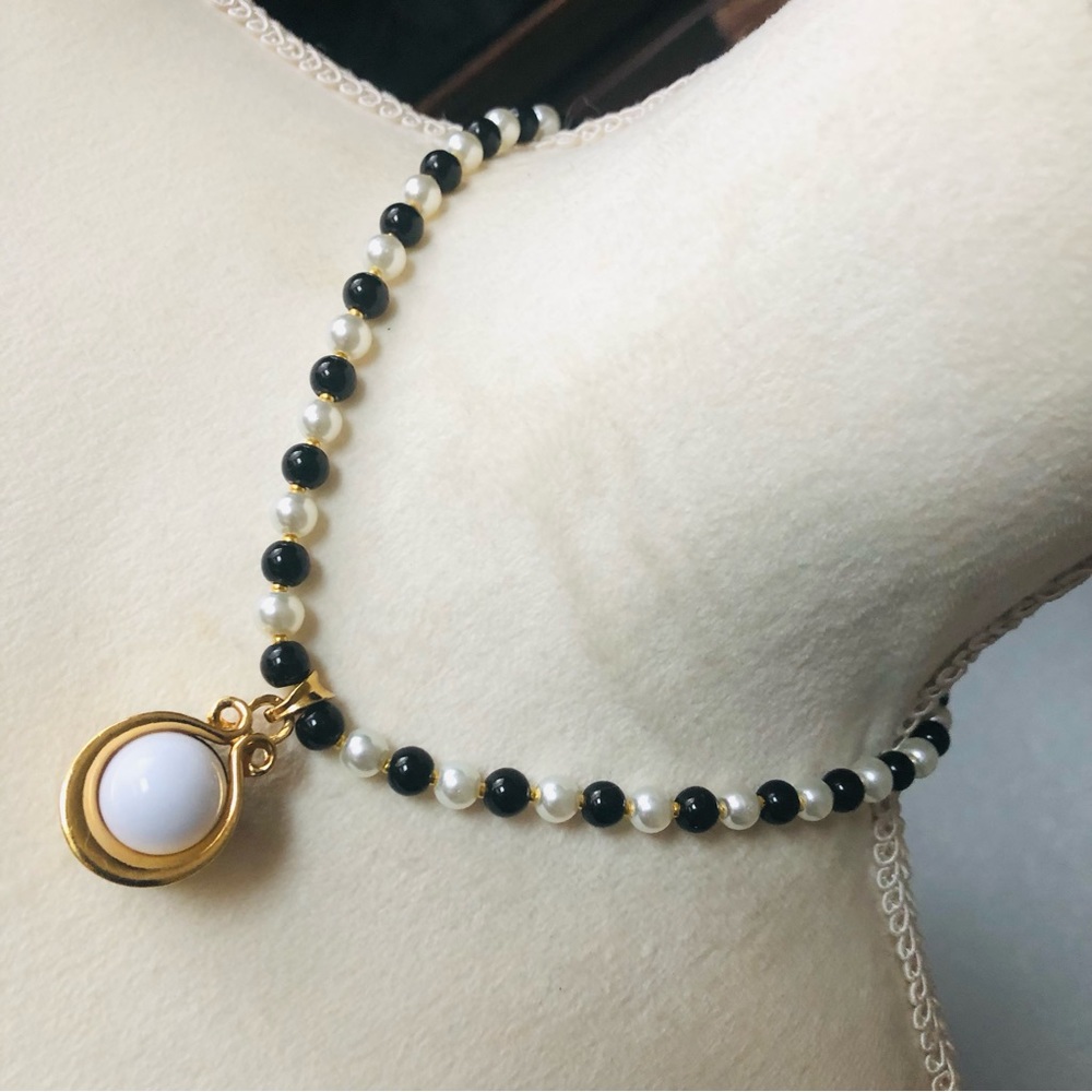 Handcrafted repurpose dual tone framed pearl pendant Czech glass Pearl necklace